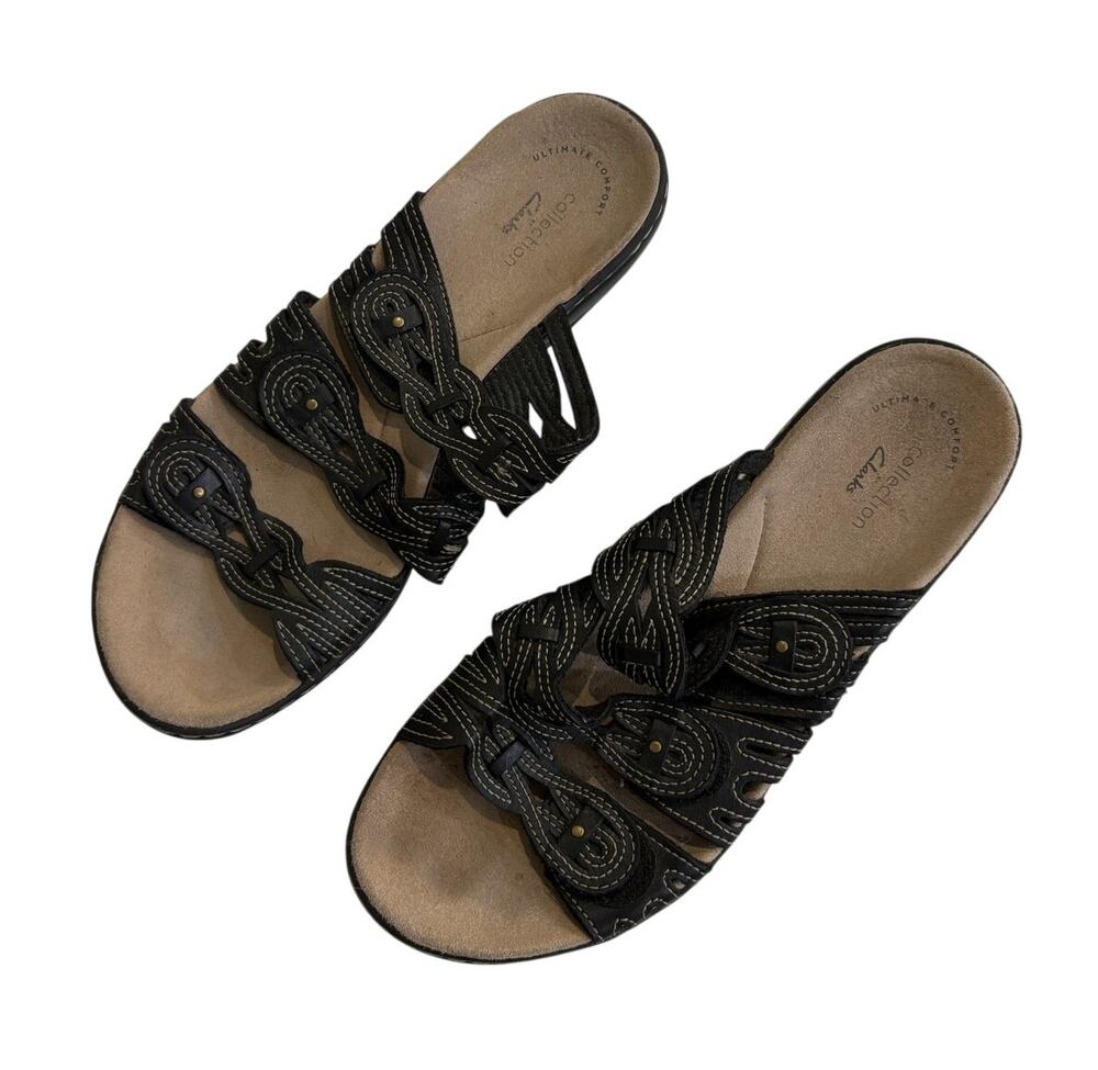 Clarks Collection Leisa Faye Women’s 8.5 Black Flat Sandals Adjustable Straps